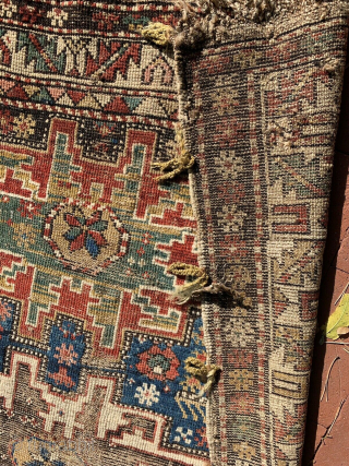 Antique East Caucasian Dagestan rug with Lesghi star design, 3'4 x 4'8. Low even pile with some areas a wear and corrosion of black in the central star and adjacent borders. Natural  ...