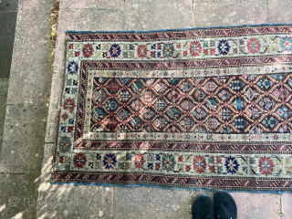 Antique Kuba runner, dated 1842. Good condition. Missing ends at top and bottom. Otherwise nice pile. Some localised wear in central field. Pile thick throughout around border. Worldwide shipping $45 unless ...