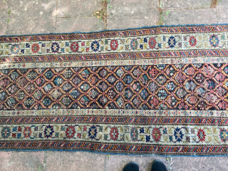 Antique Kuba runner, dated 1842. Good condition. Missing ends at top and bottom. Otherwise nice pile. Some localised wear in central field. Pile thick throughout around border. Worldwide shipping $45 unless ...