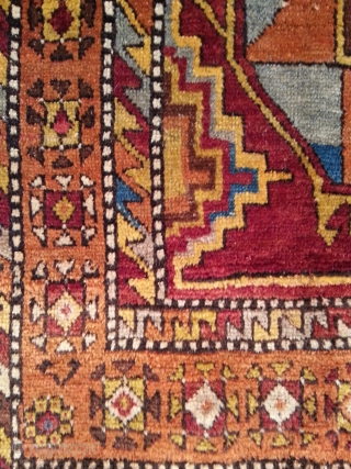 Anatolian Carpet, arround 1800, seize: 123 x 175 cm. A compareable piece is illustrated at "orient stars" Kirchheim collection page 260. Very beautyful colors and soft lustrous high floor.    