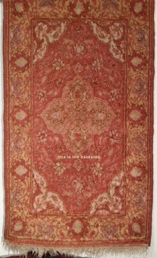 Anatolian angora wool carpet from the Ushak region, arround 1900. Seize: 89 x 157 cm. Very high floor with silky shining wool. Heavy weight. On both ends are rolled in Kelims, about  ...