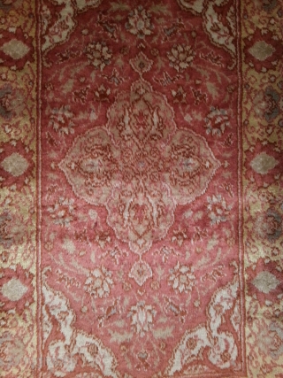 Anatolian angora wool carpet from the Ushak region, arround 1900. Seize: 89 x 157 cm. Very high floor with silky shining wool. Heavy weight. On both ends are rolled in Kelims, about  ...