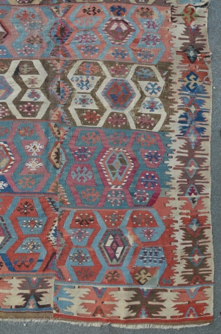Anatolian two row's Kilim, early 19th, beautiful colors and composition. some repairs and little damages. 300 x 155 cm.              