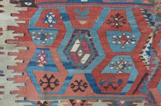 Anatolian two row's Kilim, early 19th, beautiful colors and composition. some repairs and little damages. 300 x 155 cm.              