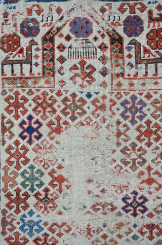 White ground Shirvan prayer rug, as found condition with home made repair on the lower end. .Stunning field composition. 148 x 81 cm          