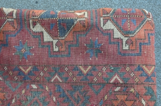 Amu Darya Ersari main carpet, 227 x 182 cm, some old repairs and damages on the upper end. Deep saturated dark red ground color. "Sary" main gul. Secundary gul is shown in  ...