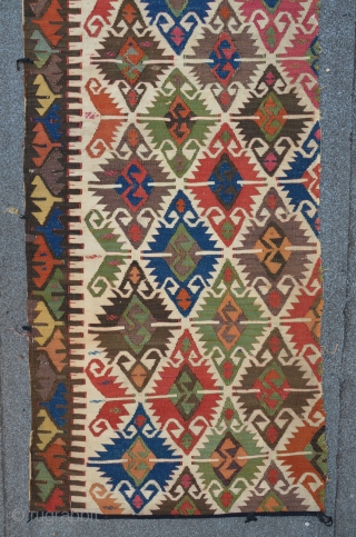 Antique Anatolian kilim fragment with "Elibelinde" pattern, deep saturated colors, 305 x 76 cm                   