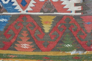 Antique Anatolian kilim fragment with "Elibelinde" pattern, deep saturated colors, 305 x 76 cm                   