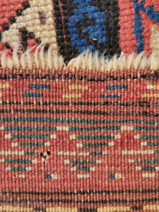 Caucasian Carpet with Memling Göl, probably a Gendje? Wide range of colors incl. aubergine, pink, light blue, petrol. Several old (not so good) repairs and some little holes and damages. As found  ...