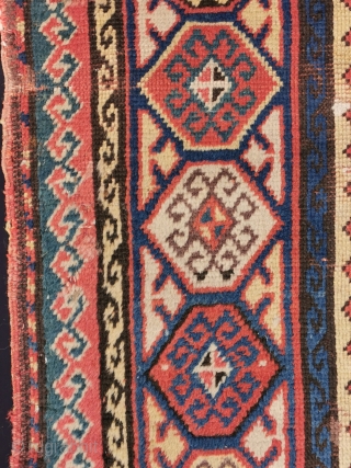 Caucasian Carpet with Memling Göl, probably a Gendje? Wide range of colors incl. aubergine, pink, light blue, petrol. Several old (not so good) repairs and some little holes and damages. As found  ...