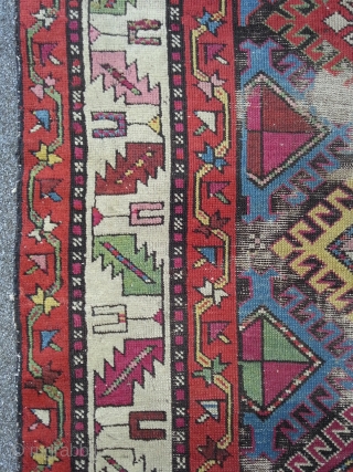 East caucasian long rug, 96 x 243 cm, heavy worn, beautyful design and colors.                   