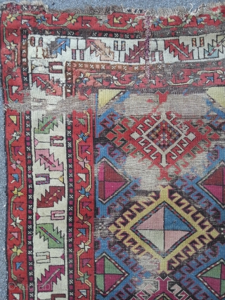 East caucasian long rug, 96 x 243 cm, heavy worn, beautyful design and colors.                   