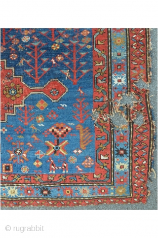 Karabagh 224 x 158 cm, beautiful design with lots of animals. Big damage on the lower side border...no restaurations.              