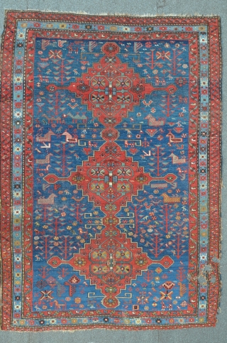 Karabagh 224 x 158 cm, beautiful design with lots of animals. Big damage on the lower side border...no restaurations.              