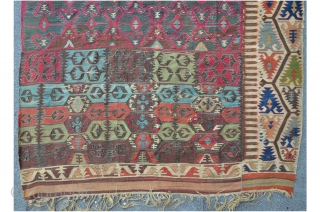 East Anatolian Malatya Kilim, 408 x 150 cm. The main field is woven in one piece 117 cm wide, the border is separate woven ..very unusual. One Border is missing ( or  ...