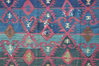 East Anatolian Malatya Kilim, 408 x 150 cm. The main field is woven in one piece 117 cm wide, the border is separate woven ..very unusual. One Border is missing ( or  ...