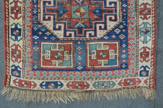 Antique Caucasian Kasak, 222 x 104 cm, three octagon medaillons with powerful memling guls on a star field....magic! Brilliant colors including a beautiful turquoise.         