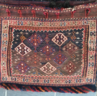 Early 20th century Bakhtiari/Luri complete soumakh technique khorjin/saddlebag. Beautiful example. Complete.  96 cm x 61 cm.                