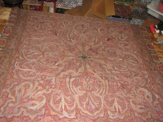 Three American market 19th century Indian shawls. For cutting, mounting, repair.  First is a coarser pieced kani woven shawl from small pieces relying heavily on embroidery. Shattered center.  Does not  ...