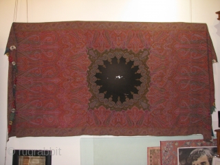 Mid 19th century Kashmiri long shawl.  128"x54".  Fine, bright, intricate.  Not pieced, woven in full loom width in 3 panels with inset center. Holes in black center, most visible  ...