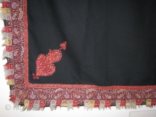 Black ground assembled Kashmiri embroidery. 65"x65"  The boteh in the corners are appliqued to a twill woven wool cloth.  Fine and lustrous, but I hesitate to call it "pashmina". I  ...