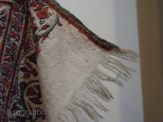 Pashmina long shawl. Softest oldest of this type that I've ever had, circa 1900?? 8'6"x 3'9" Scattered small moth holes on plain ends.  None in field.  Domestic sale ONLY.  