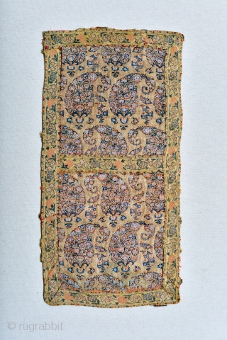 16th Century Safavid Silk Lampas panel with lavish gold thread. 
Good condition. Museum piece. Some red thread remains on the edges from a previous mount and I did not remove it.

  