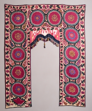 Antique Uzbek Bukhara Suzani + Ikat
75 x 61 inches                        