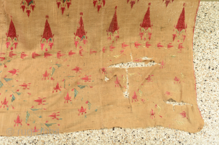 Early Thirma Bagh Phulkari. Silk on linen.
Silk loss, tears at bottom. 93 x 47 inches                  