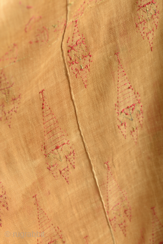 Early Thirma Bagh Phulkari. Silk on linen.
Silk loss, tears at bottom. 93 x 47 inches                  