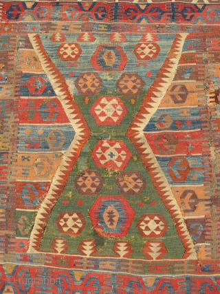 Early Anatolian Kilim with full color spectrum. Old repairs.                        