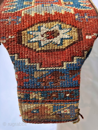 Antique Anatolian Armenian Yastik fragment mounted on a twisted iron shoe fitting stool. Unique and interesting historical artifact.               