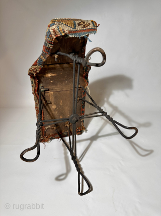 Antique Anatolian Armenian Yastik fragment mounted on a twisted iron shoe fitting stool. Unique and interesting historical artifact.               