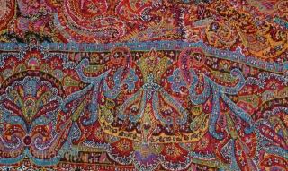 a Very fine XIXth C. Kashmir Shawl in pristine condition. Full color spectrum, including at least two aubergine purples, several reds, apricot, several greens, etc. Approx 70 x 70 inches.   
