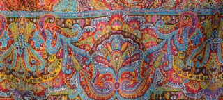 a Very fine XIXth C. Kashmir Shawl in pristine condition. Full color spectrum, including at least two aubergine purples, several reds, apricot, several greens, etc. Approx 70 x 70 inches.   