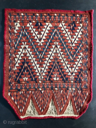 19th century Yomud or Yomut Turkmen Chuval Ok Bash or Uuk Bash. 
25 x 21 inches                 