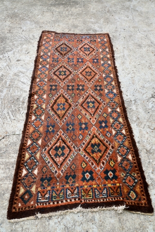 Antique Uzbek Julkhyr or Julkhir rug 39 x 98 inches or 3'3" by 8'2" made of 4 sections stitched together.  Thick and heavy, high pile rug.      