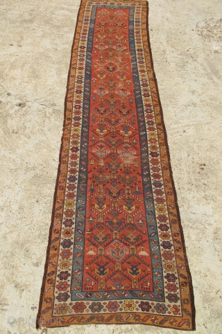 Antique Armenian Caucasian Talish? Runner rug. Over 30 different inwoven human figures. Good Apricot color Over 10ft long. Needs 20-30 sq inch repiling.          