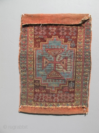 Early Anatolian Yastik. Armenian, Assyrian or Greek. As found with kilim flaps stitched over on the backside. I took the liberty to clip the black threads and turn the flat woven panels  ...