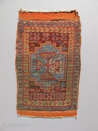 Early Anatolian Yastik. Armenian, Assyrian or Greek. As found with kilim flaps stitched over on the backside. I took the liberty to clip the black threads and turn the flat woven panels  ...