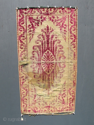 An early antique Bursa Yastik pillow rug cover. Extremely fine and delicate work - silk velvet. Size is 19 x 36 inches. 
          
