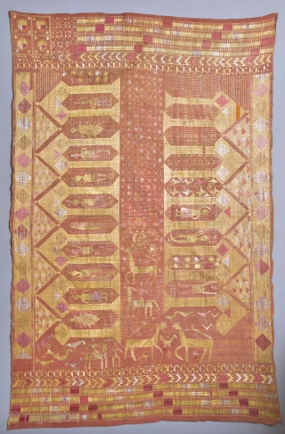 Darwan Darwaja Phulkari
Here's a very rare type of Punjabi Phulkari with human figures and animals. 

Dimensions: 87 x 55 inches
Origin: East Punjab, India/Pakistan
Circa: Late 1800s, early 1900s
Materials: Silk, Wool
Condition: Fair, colors more  ...