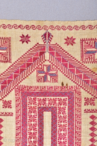 19th C. Palestinian embroidery. Silk on hemp. Tyrian Mediterranean sea snail purple dye. 14 x 14.5 inches.                