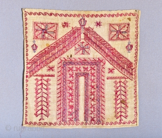 19th C. Palestinian embroidery. Silk on hemp. Tyrian Mediterranean sea snail purple dye. 14 x 14.5 inches.                