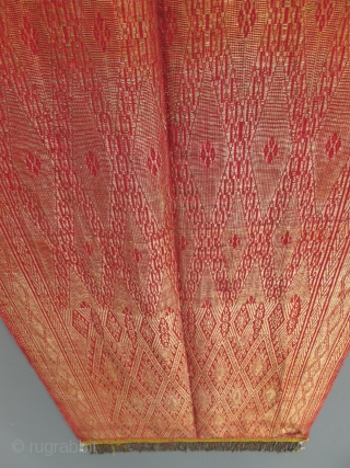 Antique Indonesian Gold Kain Limar Selandang Songket shawl. 20 x 77 inches                     