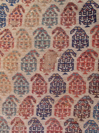 351-Boteh Shirvan runner. XIXth C. White/ivory ground. 100% wool. All natural colors. Needs repairs. 33 x 105 inches.               