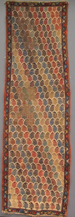 351-Boteh Shirvan runner. XIXth C. White/ivory ground. 100% wool. All natural colors. Needs repairs. 33 x 105 inches.               