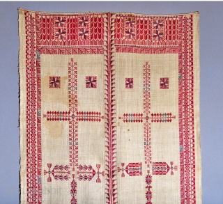 Here is a rare and museum qualityl antique Palestinian embroidered shawl from the mid 1800s (Very similar to the one at the Metropolitan Museum). It is silk floss on a handwoven hemp  ...