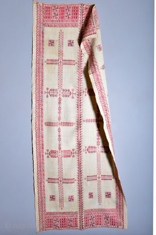 Here is a rare and museum qualityl antique Palestinian embroidered shawl from the mid 1800s (Very similar to the one at the Metropolitan Museum). It is silk floss on a handwoven hemp  ...