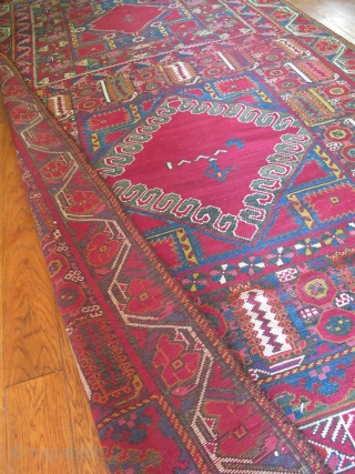 Full color spectrum, 1800s dated Moroccan Palace rug. Possibly unique. I could not find anything like it in the literature and would appreciate feedback from viewers. It measures 15'6" x 6'3.  